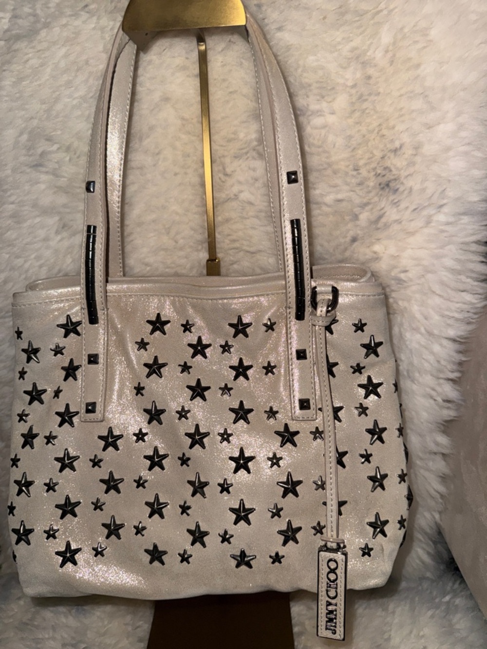 Jimmy Choo White Metallic Star-Stud Tote Stunner